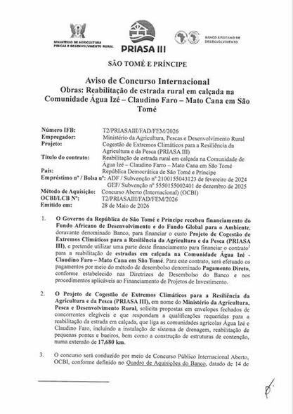 Aviso de Concurso Público Internacional - Reabilitação de estrada rural