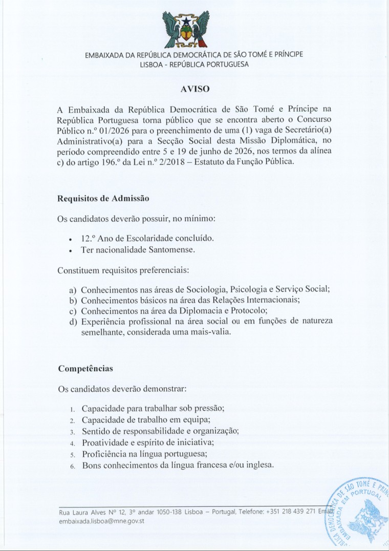 Concurso Público n.º 01/2026 para Secretário(a) Administrativo(a)