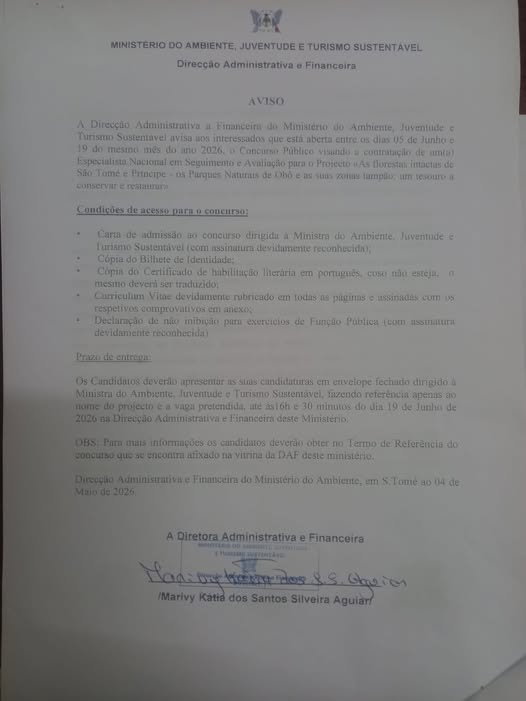 Concurso Público para Especialista Nacional em Seguimento e Avaliação