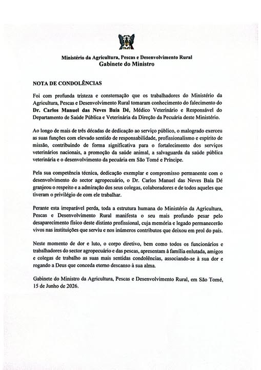 Nota de Condolências - Dr. Carlos Manuel das Neves Baía Dé