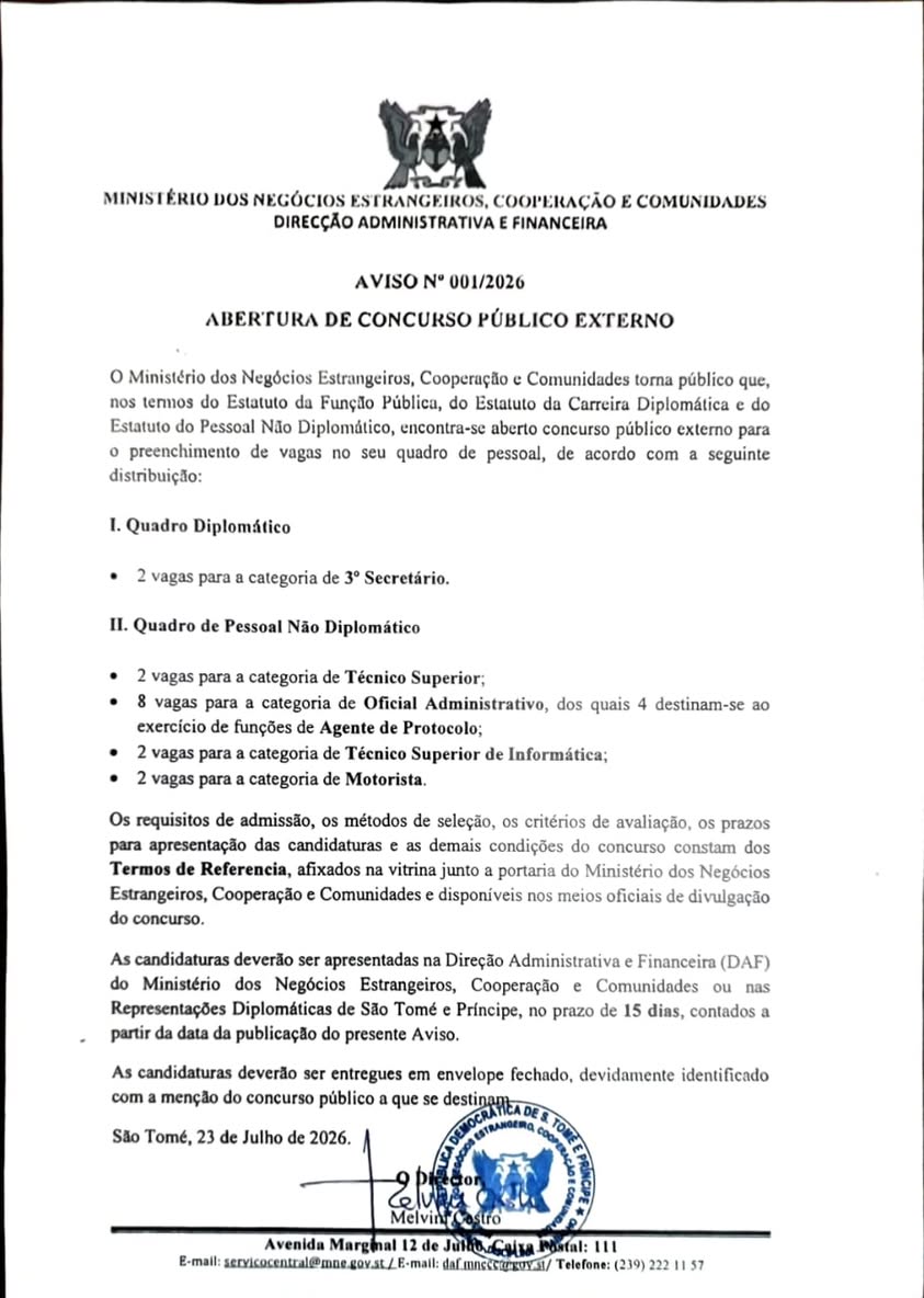 Aviso de Abertura de Concurso Público Externo
