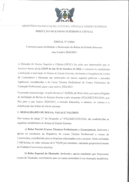 Concurso para Atribuição e Renovação de Bolsas de Estudo Internas 2026/2027