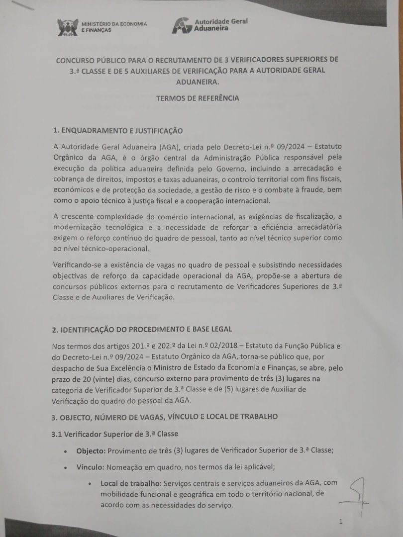 Provimento de Seis (3) lugares de Verificador Superior de 3ª Classe e cinco(5) Vagas na Categoria de Auxiliar de Verificação