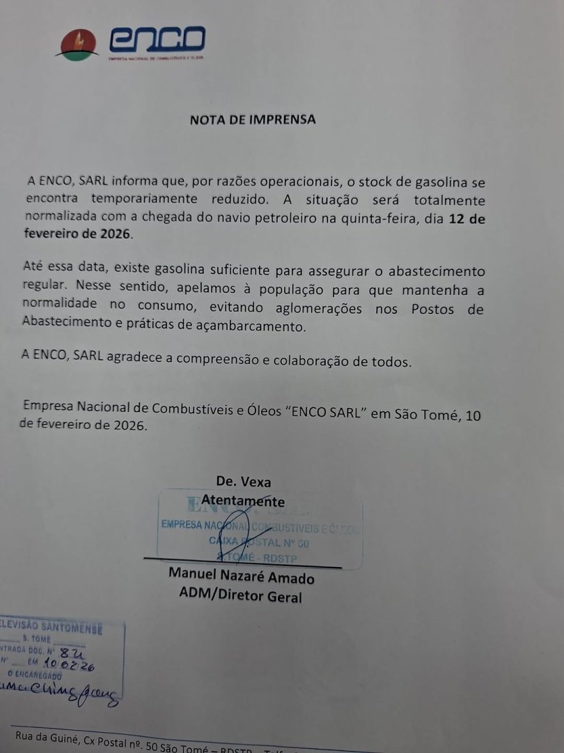Navio Petroleiro chega dia 12: ENCO Apela à Calma e Consumo Normal