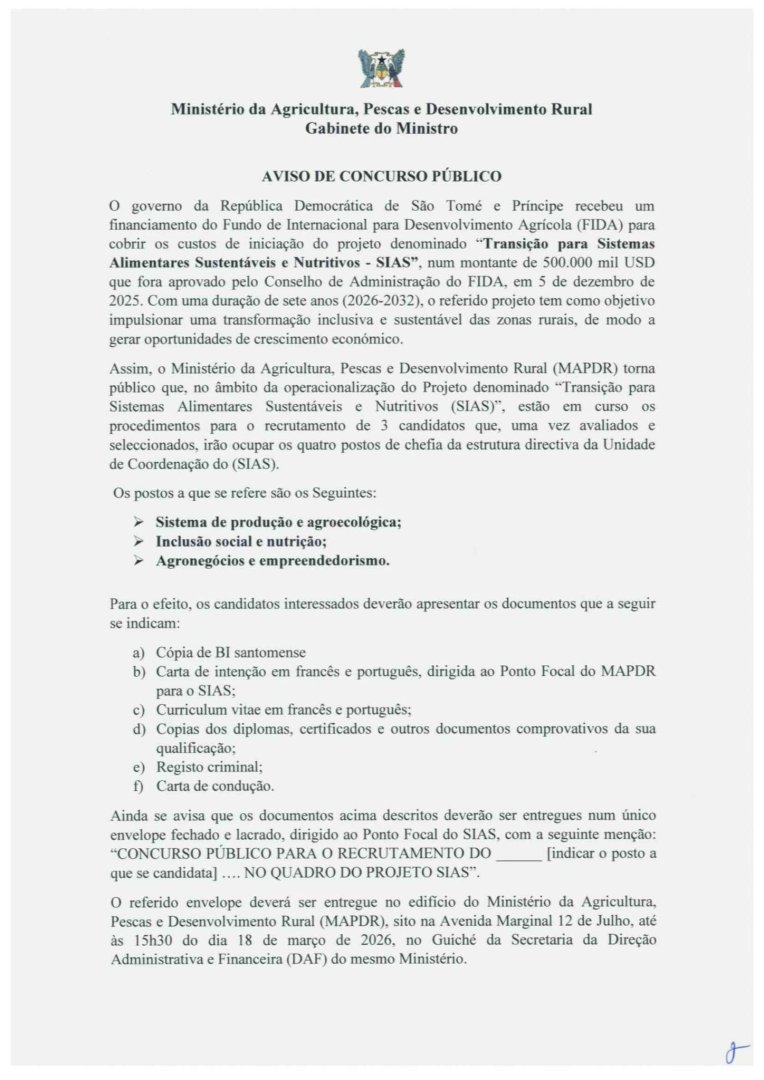 Recrutamento de 3 candidatos para quatro postos de chefia da estrutura directiva da Unidade de Coordenação do (SIAS)