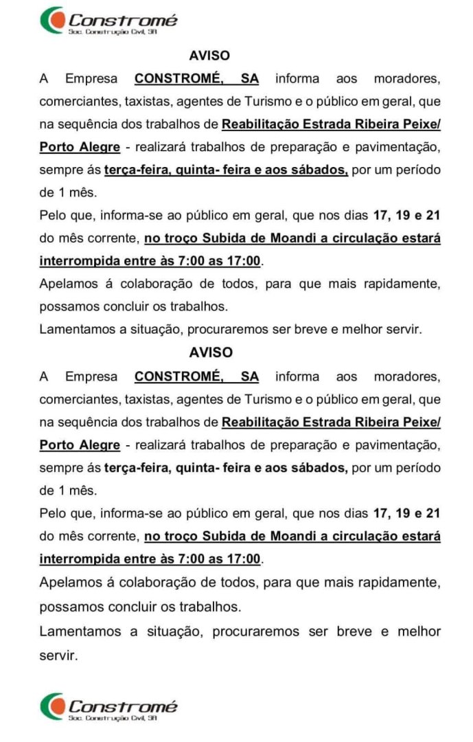 Aviso de Interrupção de Trânsito: Estrada Ribeira Peixe / Porto Alegre