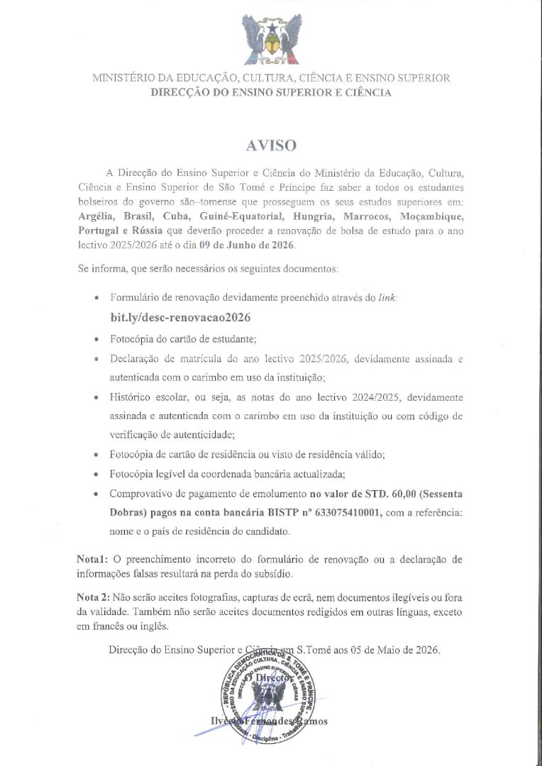 Aviso Sobre Renovação de Bolsa de Estudo Externo Para O Ano Letivo 2025/2026