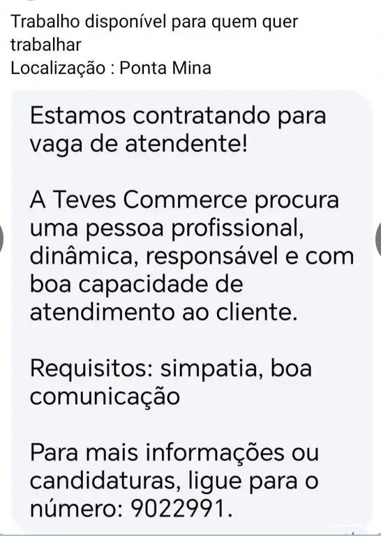 Vaga de Atendente na Teves Commerce