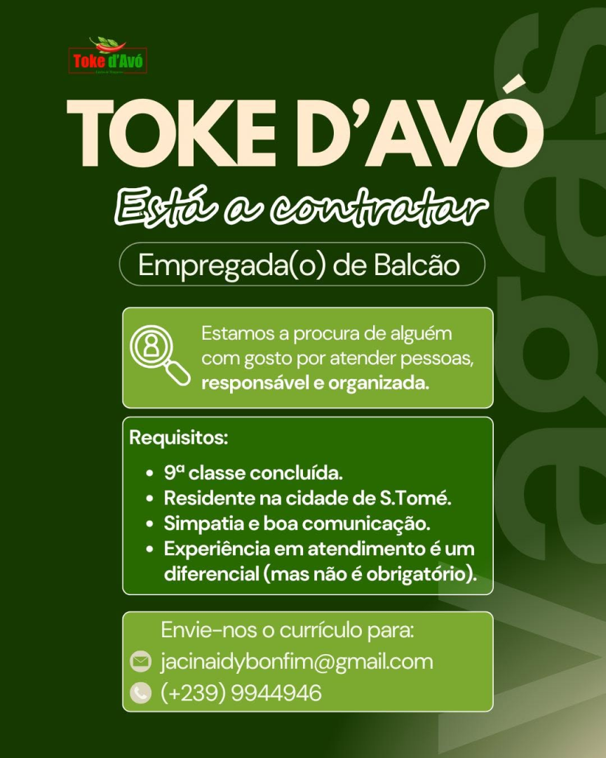 Vaga para Empregada(o) de Balcão - Toke d'Avó