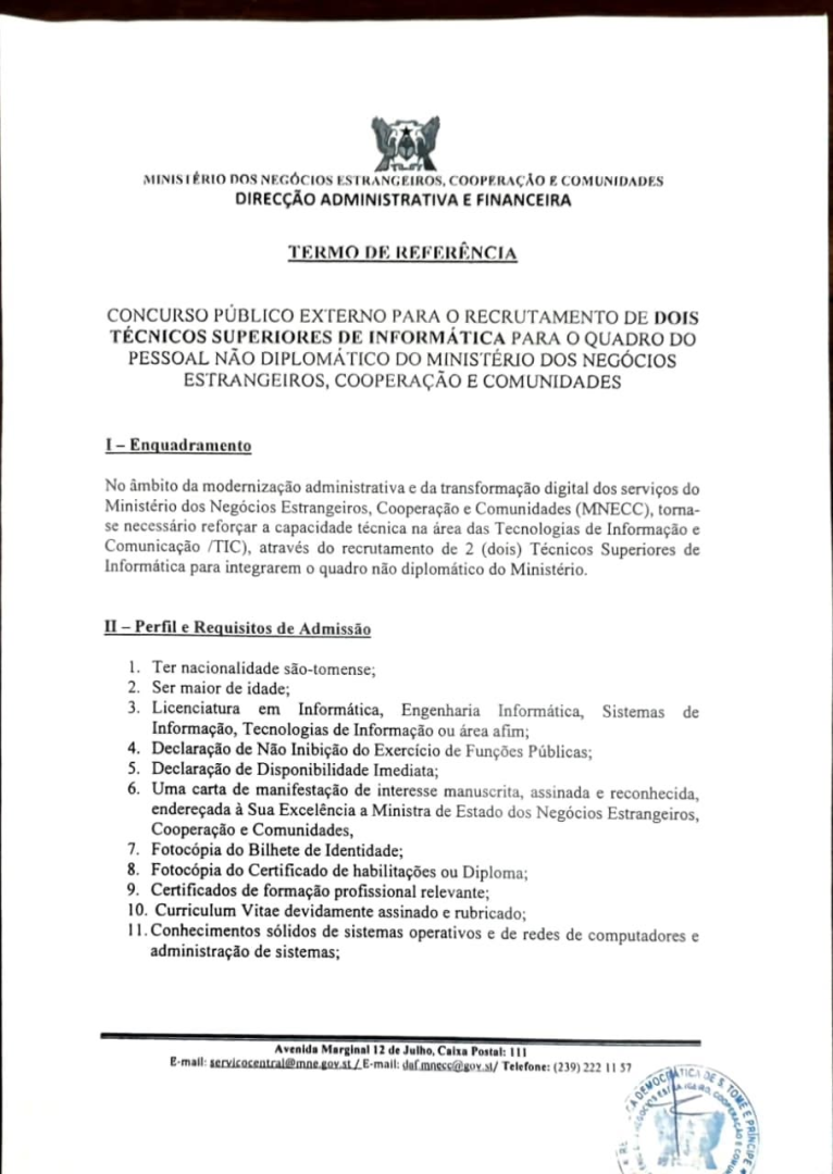 Concurso Público Externo para Recrutamento de Técnicos Superiores de Informática