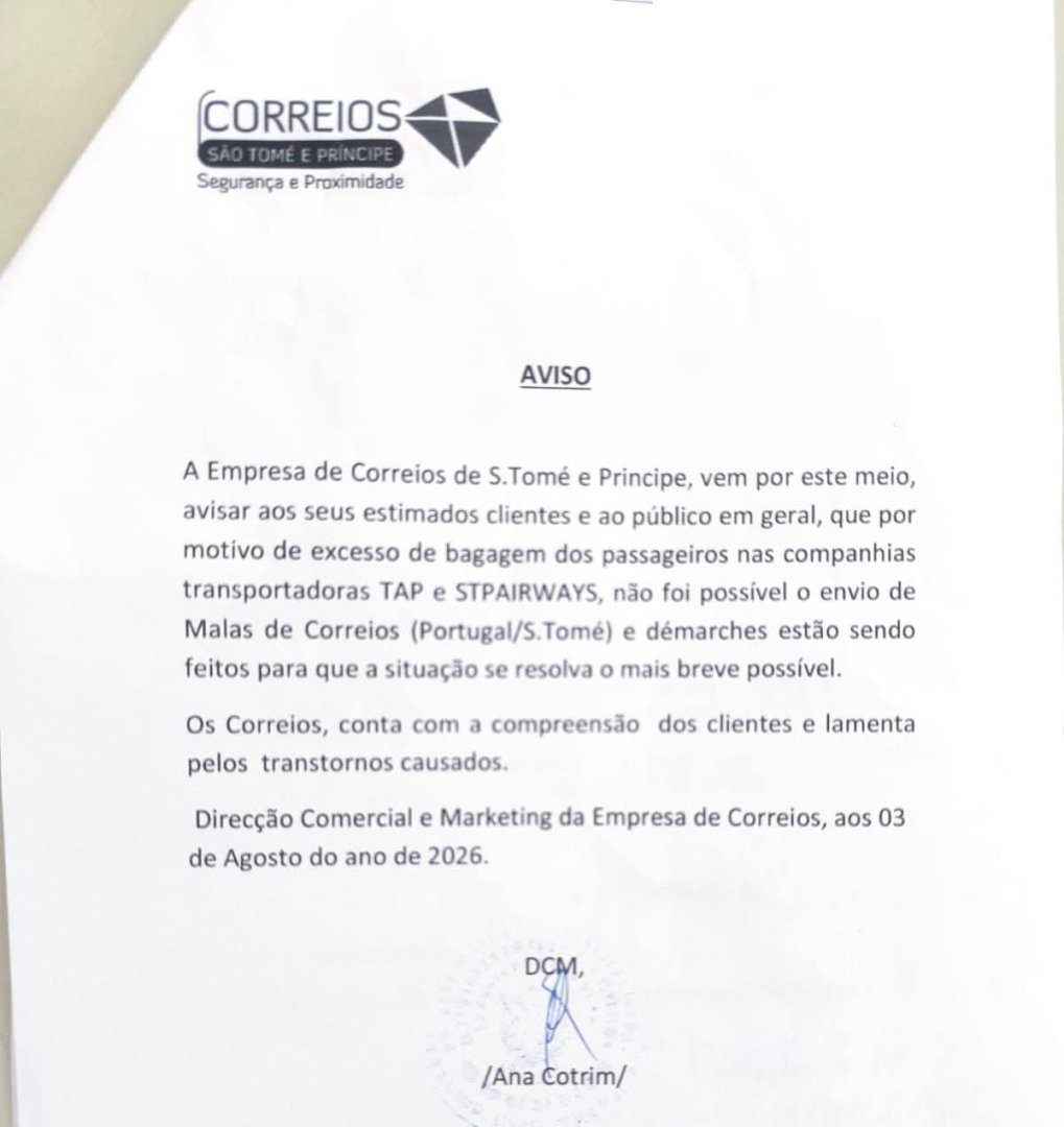 Aviso sobre atraso no envio de correio postal