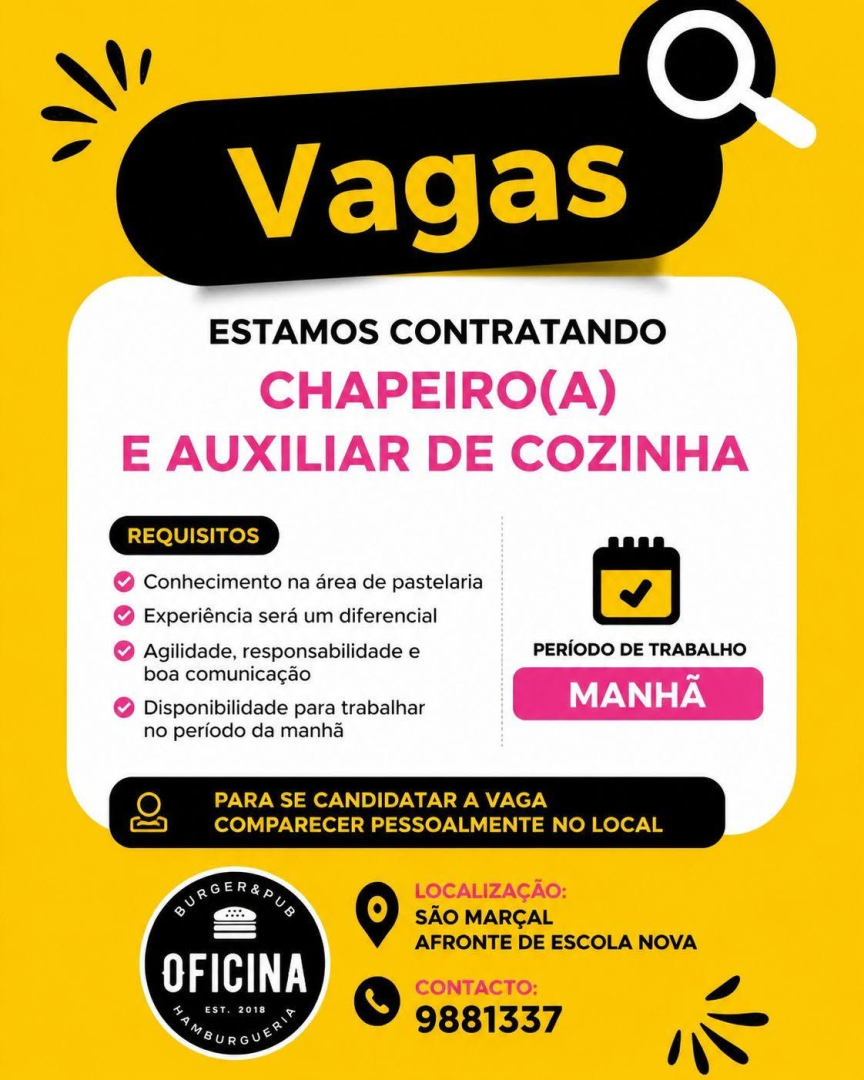 Vagas de emprego: Chapeiro(a) e Auxiliar de Cozinha