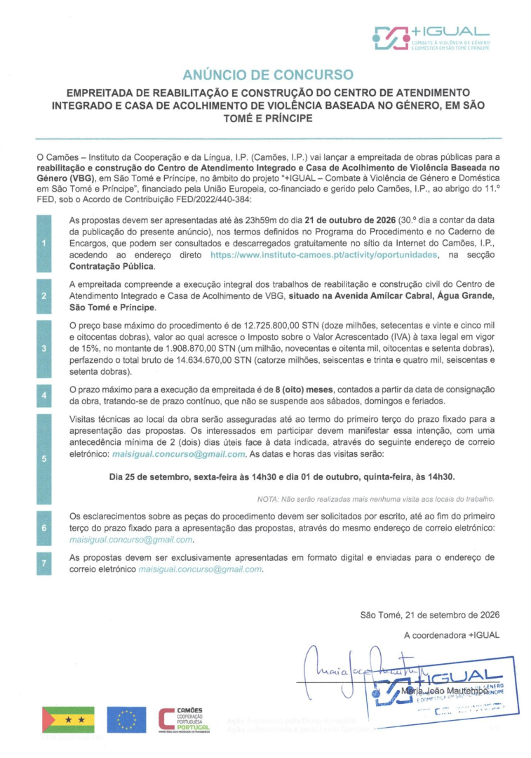 Concurso Público: Reabilitação e Construção do Centro de Atendimento Integrado e Casa de Acolhimento de VBG