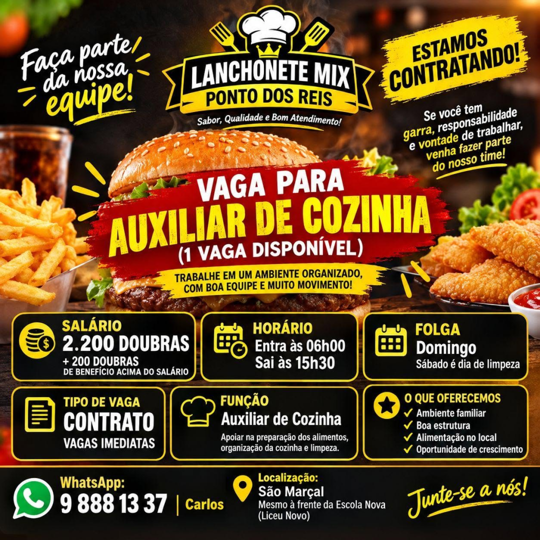 Vaga para Auxiliar de Cozinha na Lanchonete Mix Ponto dos Reis