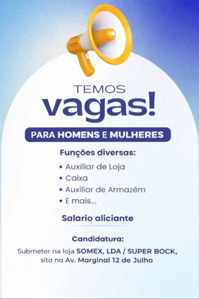 Vagas para Auxiliar, Caixa, e outros