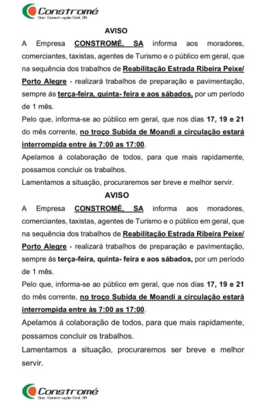 Aviso de Interrupção de Trânsito: Estrada Ribeira Peixe / Porto Alegre