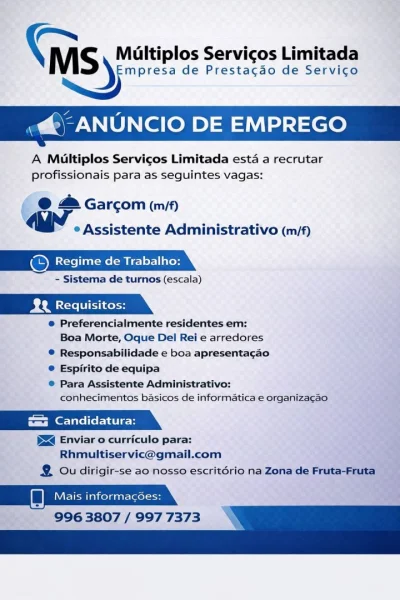 Vaga Para Garçom e Assistente Administrativo