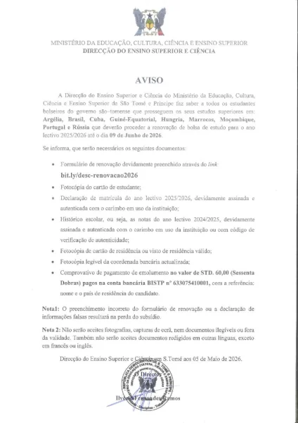 Aviso Sobre Renovação de Bolsa de Estudo Externo Para O Ano Letivo 2025/2026