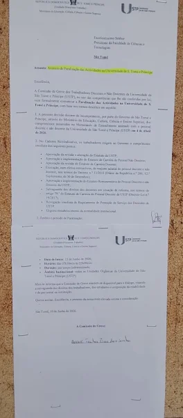 Anúncio de Paralisação das Atividades na Universidade de São Tomé e Príncipe