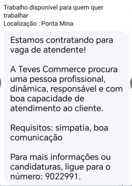 Vaga de Atendente na Teves Commerce