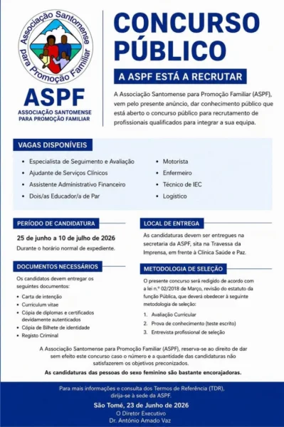 Vaga para Recrutamento de Profissionais - ASPF
