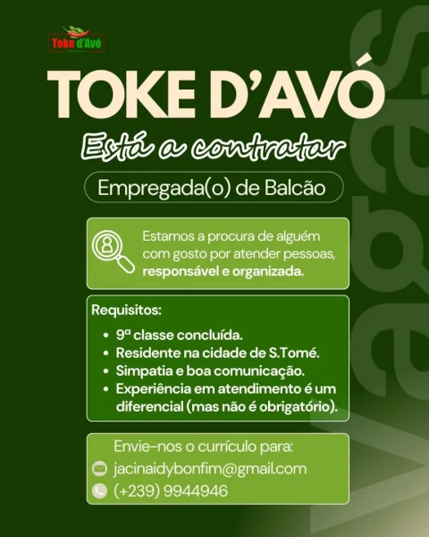 Vaga para Empregada(o) de Balcão - Toke d'Avó