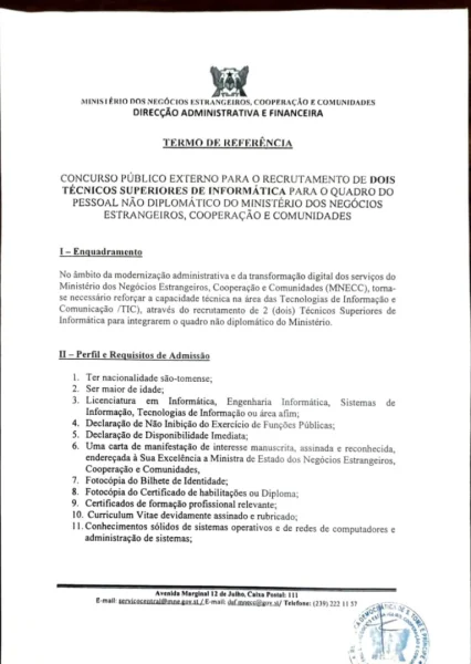 Concurso Público Externo para Recrutamento de Técnicos Superiores de Informática