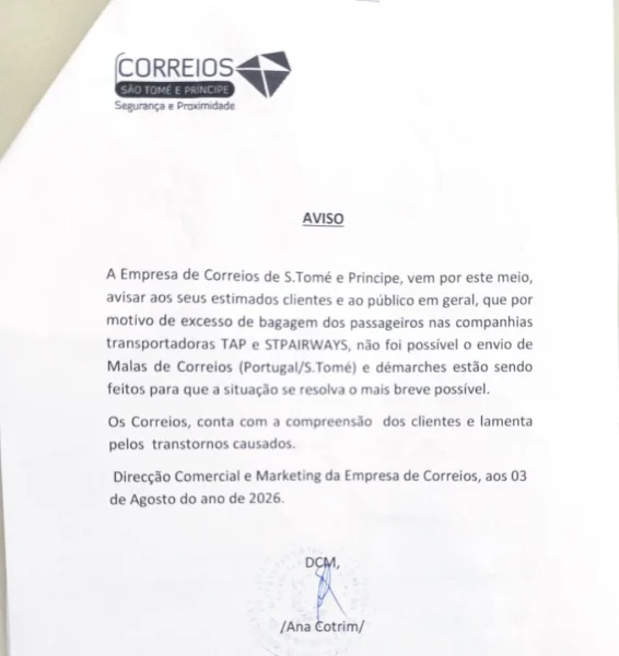 Aviso sobre atraso no envio de correio postal