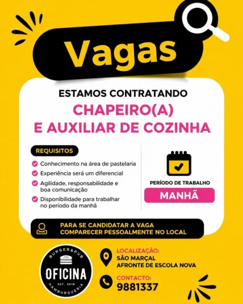 Vagas de emprego: Chapeiro(a) e Auxiliar de Cozinha