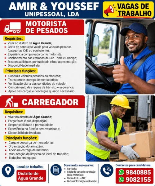 Vagas de Trabalho: Motorista de Pesados e Carregador