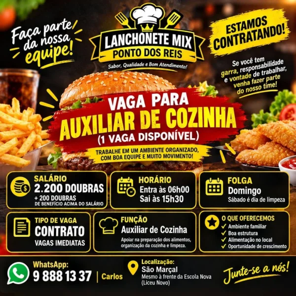 Vaga para Auxiliar de Cozinha na Lanchonete Mix Ponto dos Reis