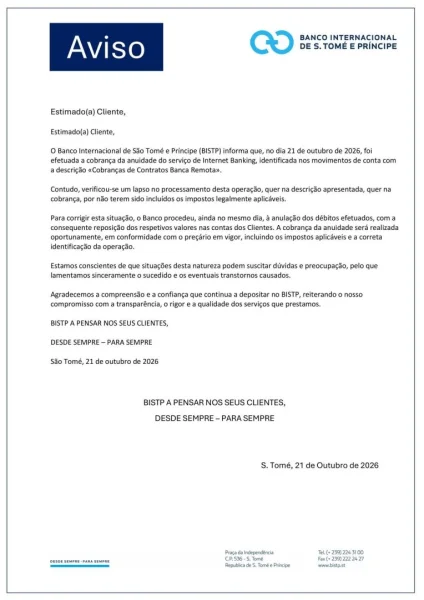 Aviso sobre Cobrança da Anuidade do Serviço de Internet Banking