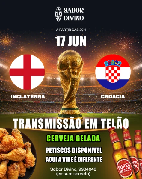 Inglaterra vs Croacia – em telão no Sabor Divino!